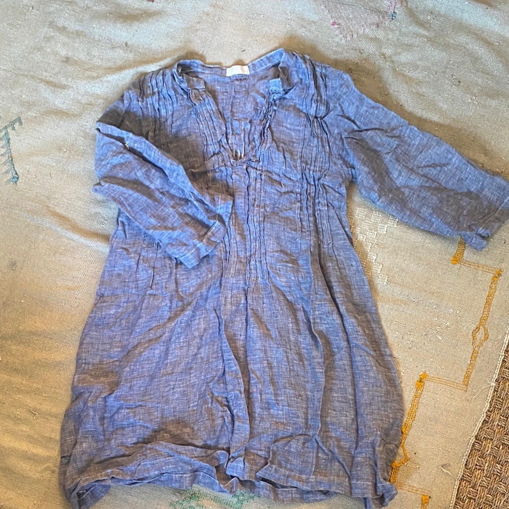CP Shades Chambray Blue 100% Linen Tunic mini Dress sz Small - Picture 3 of 13